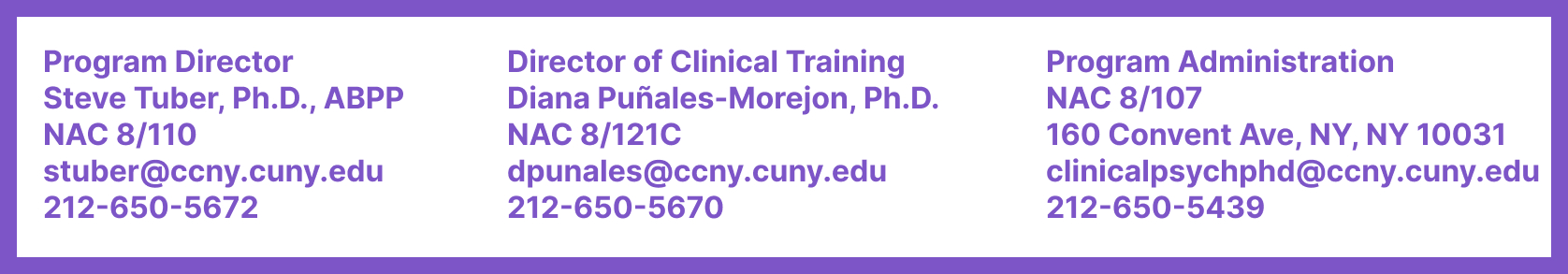 Program Director Steve Tuber, PhD, ABPP, NAC 8/110, stuber@ccny.cuny.edu, 212-650-5672.  Director of Clinical Training, Diana Punales-Morejon, PhD, NAC 8/121C, dpunales@ccny.cuny.edu, 212-650-5670. Program Administration, NAC 8/107, 160 Convent Avenue NY 10031, clinicalpsychphd@ccny.cuny.edu, 212-650-5439. 