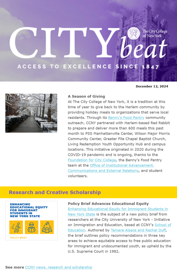 Sample content from CCNY City Beat newsletter 12/12/24. Images include lavender-shaded view of Shepard Hall tower, snowy Harlem residential neighborhood near campus; graphic with small icons and text "Enhancing Educational Equity for Immigrant Students in New York State"