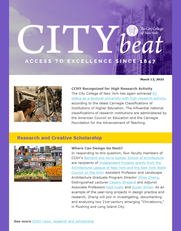 Sample content from CCNY City Beat newsletter 031325 edition. Images include lavender-shaded Shepard Hall tower, researcher working with lab apparatus, and collage of images depicting emerging new communities in NYC