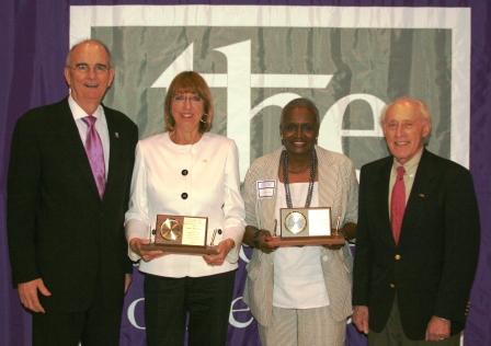 CCNY President Gregory H. Williams (left) and City College Alumni Association President Dan Dicker (right) with 2009 Alumni Association Honorees Joan Newman (second from left) and Joyce Conoly-Simmons (second from right).
