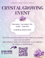 Baskerville Chemical Society Presents Crystal Growing Event Thursday, November 7th, 12:00 - 2:00pm, Marshak Room 1029