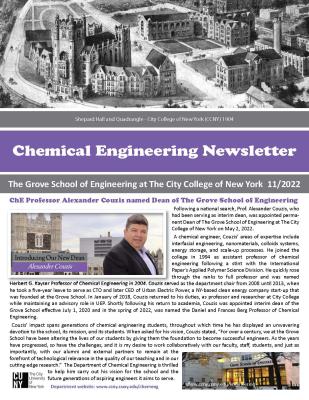 Image of Fall 2022 ChE Newsletter with Story about Alex Couzis becoming Dean of GSOE