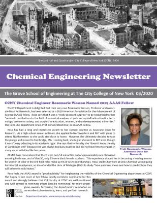 Image of Spring 2020 ChE Newsletter with Story about Rose Wesson AAAS Fellow