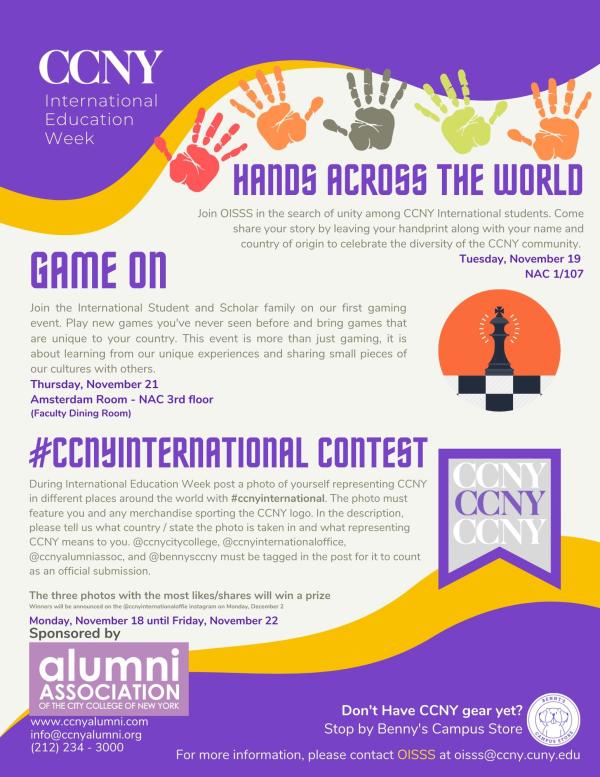 Image of events taking place during International Education Week. They include Game On, Hands Across the World and the #CCNYInternational Contest