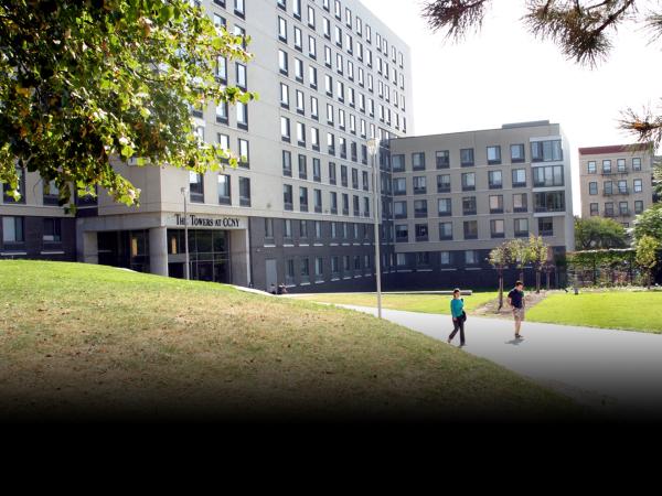 CCNY Towers with two students