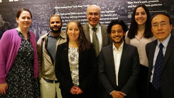  CCNY civil engineers at the ASCE ceremony in Manhattan where the college was honored. From left: professors Alison Conway, Naresh Devineni, Beth Wittig and Michel Ghosn; students Luis Abreu and Ana Radonjic; and Professor Fengbao Lin.