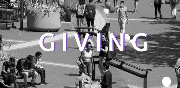 black and white image in NAC plaza with students