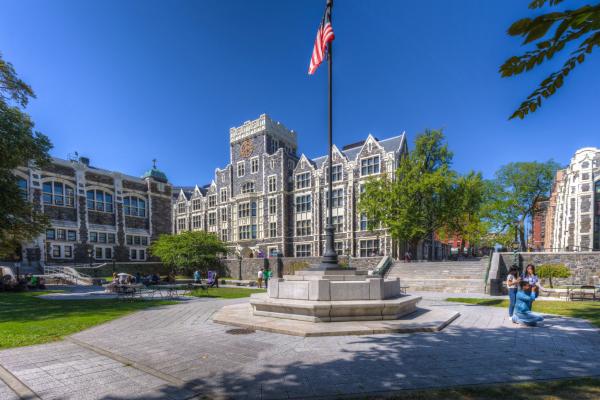 Harris Hall and Beaver Plaza with Flag