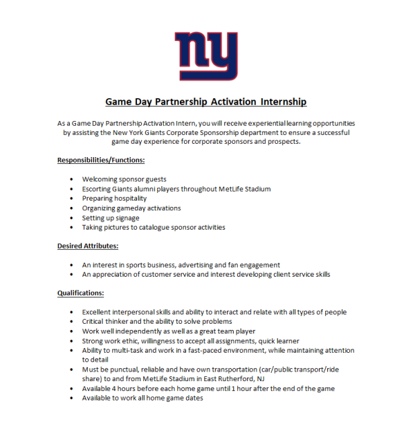 Partnership activation gameday internship description