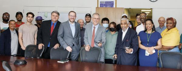 Mr. Rangel, President Boudreau, Rangel ED Lampousis, and leaders from NYS Dept. of Labor and NYC Dept. of Transportation at a drone piloting class.