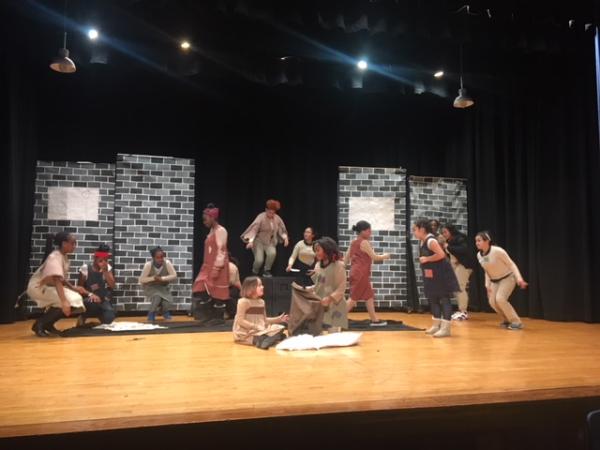 PS 161 drama club students rehearsing for Annie Jr.