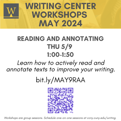 Image with information about the Writing Center's May 9th workshop