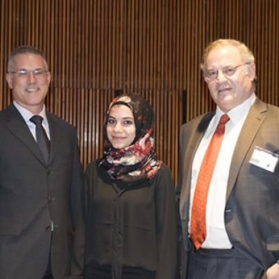 Interim President Vincent Boudreau, S Jay Levy Fellow Layana Abu Touq and David Levy