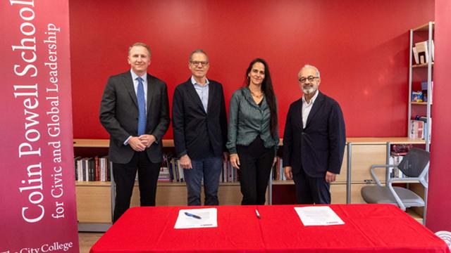 Richard J. Henley and Susan L. Davis Dean Andrew Rich of the Colin Powell School with Richard Stengel, and the UNSSC's Simona Costanzo Sow and Jafar Javan at the MOU signing ceremony on Sept. 19.