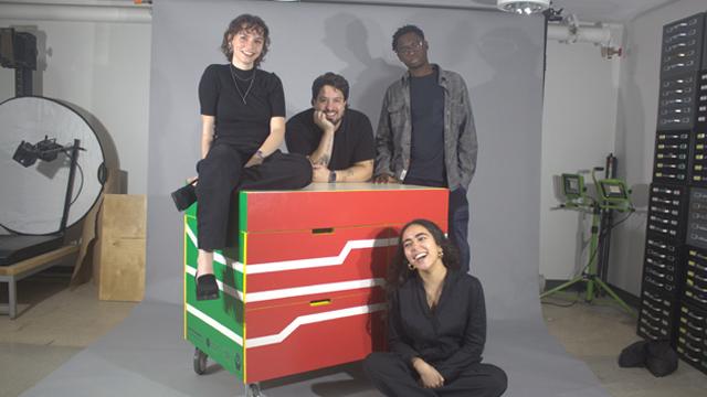 Spitzer Students and the mobile learning workstation they designed a for a local children’s hospital. Photo (from left): Evelyn Krutoy, Juan Giraldo, Mouhamadou Dieng, Gildalis Torres (seated), Miriam Perel (not pictured).